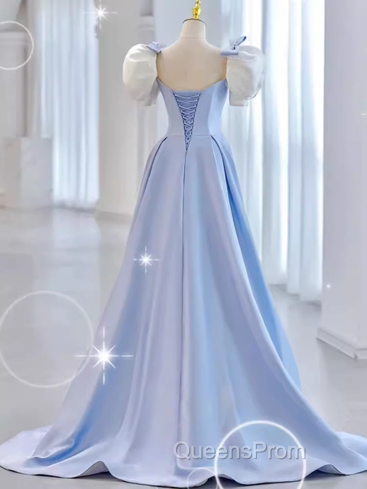 Modest Princess Short Sleeves Long Blue Satin Evening Prom Dress