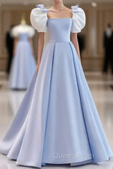 Modest Princess Short Sleeves Long Blue Satin Evening Prom Dress