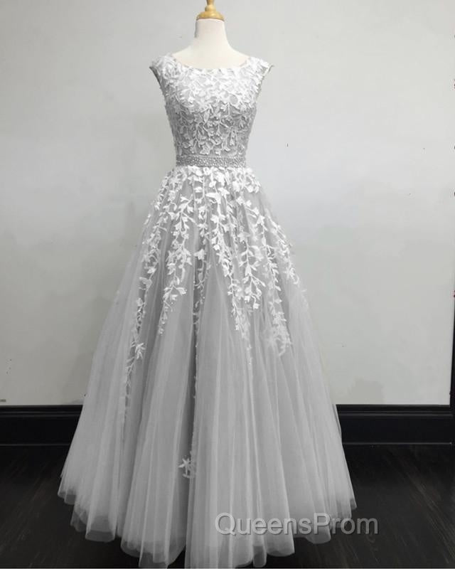 Modest Evening Prom Dress Tulle Cap Sleeves Lace Embroidery