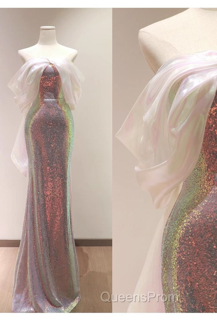 Modest Sheath Off The Shoulder Sequin Long Party Dress Pink Evening Prom Dress Secondary image