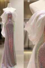 Modest Sheath Off The Shoulder Sequin Long Party Dress Pink Evening Prom Dress