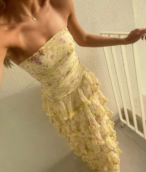 Modest Sheath Strapless Yellow Chiffon Floral Long Classy Prom Dress Party Dress 22Th Birthday Outfits Graduation Dress