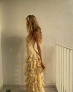 Modest Sheath Strapless Yellow Chiffon Floral Long Classy Prom Dress Party Dress 22Th Birthday Outfits Graduation Dress