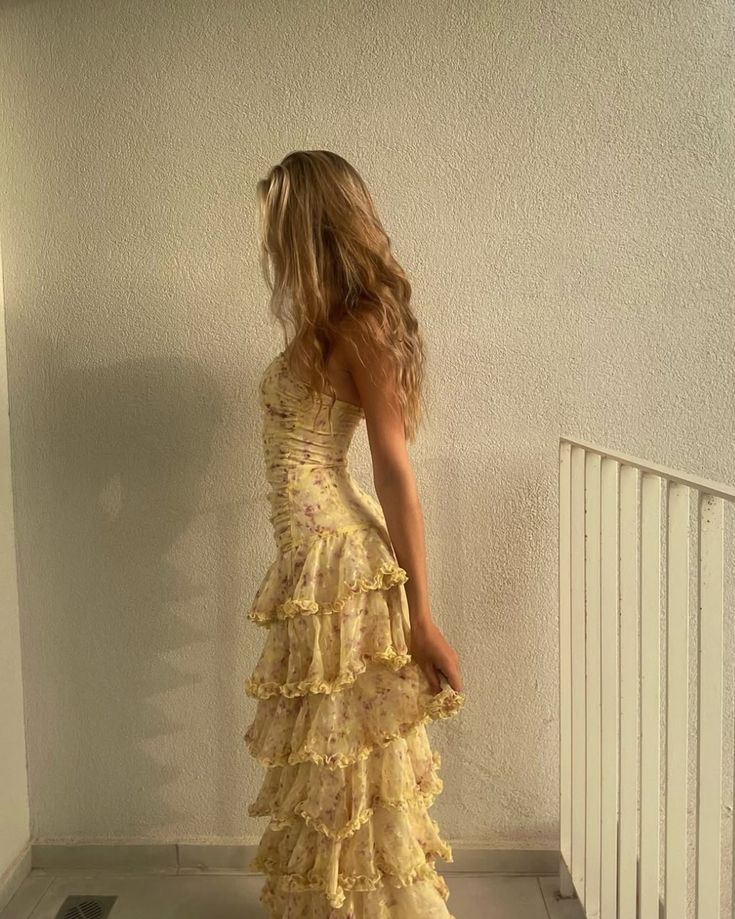 Modest Sheath Strapless Yellow Chiffon Floral Long Classy Prom Dress Party Dress 22Th Birthday Outfits Graduation Dress