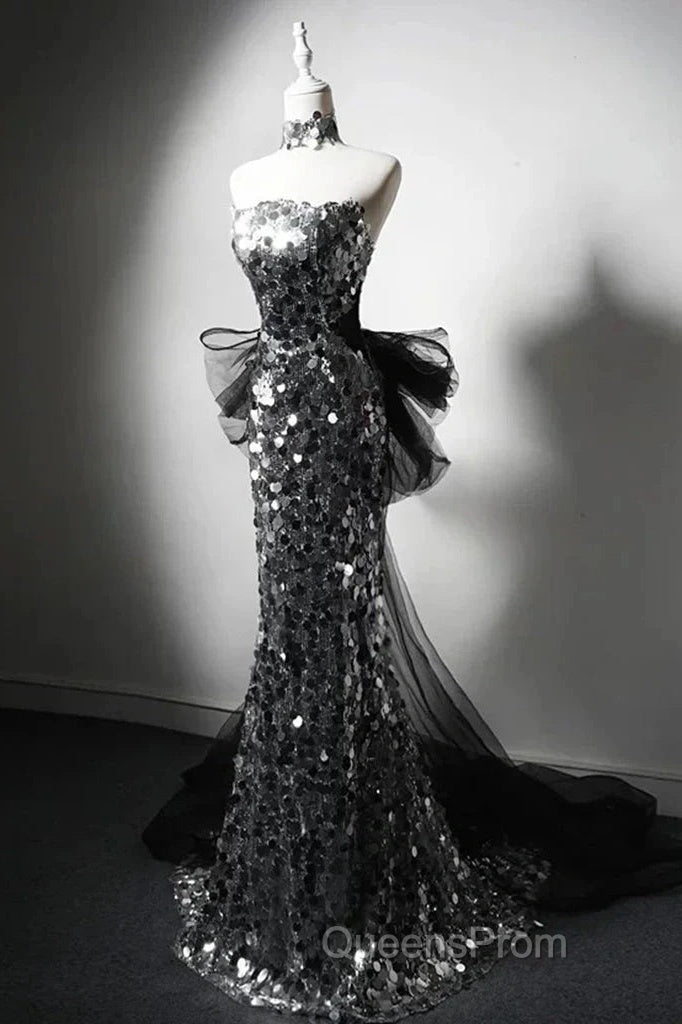 Modest Silver Mermaid Strapless Sequin Tulle Long Evening Prom Dress Formal Evening Dress Secondary image