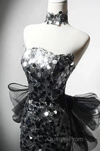 Modest Silver Mermaid Strapless Sequin Tulle Long Evening Prom Dress Formal Evening Dress