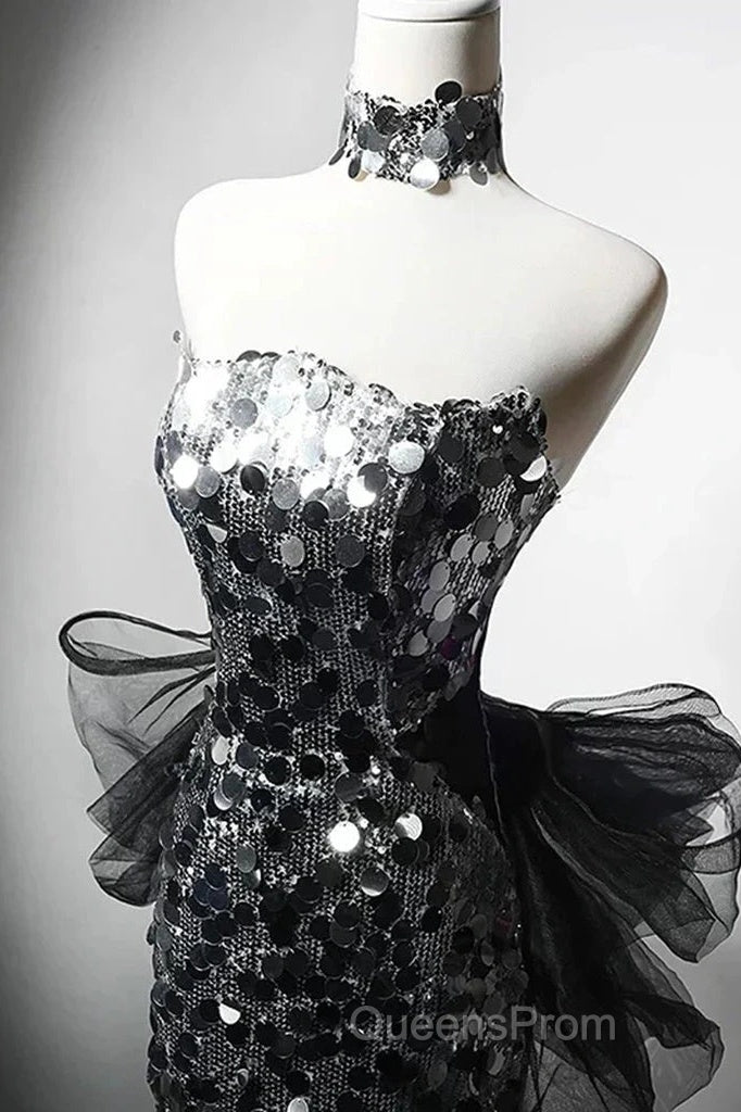 Modest Silver Mermaid Strapless Sequin Tulle Long Evening Prom Dress Formal Evening Dress