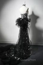 Modest Silver Mermaid Strapless Sequin Tulle Long Evening Prom Dress Formal Evening Dress