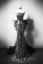 Modest Silver Mermaid Strapless Sequin Tulle Long Evening Prom Dress Formal Evening Dress