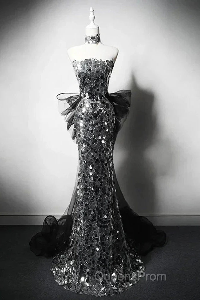 Modest Silver Mermaid Strapless Sequin Tulle Long Evening Prom Dress Formal Evening Dress