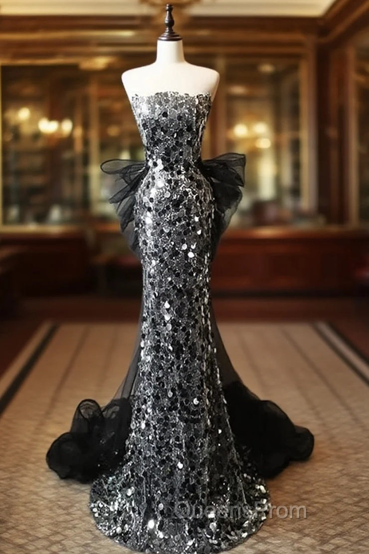 Modest Silver Mermaid Strapless Sequin Tulle Long Evening Prom Dress Formal Evening Dress Main image