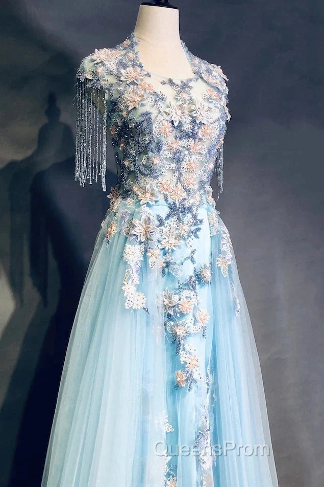 Modest Sky Blue A-Line Tulle Beading Embroidery Appliques Long Evening Prom Dress Pageant Gown