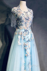 Modest Sky Blue A-Line Tulle Beading Embroidery Appliques Long Evening Prom Dress Pageant Gown
