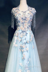 Modest Sky Blue A-Line Tulle Beading Embroidery Appliques Long Evening Prom Dress Pageant Gown