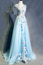 Modest Sky Blue A-Line Tulle Beading Embroidery Appliques Long Evening Prom Dress Pageant Gown