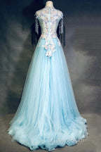 Modest Sky Blue A-Line Tulle Beading Embroidery Appliques Long Evening Prom Dress Pageant Gown