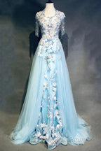 Modest Sky Blue A-Line Tulle Beading Embroidery Appliques Long Evening Prom Dress Pageant Gown