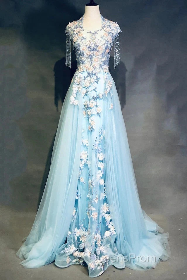 Modest Sky Blue A-Line Tulle Beading Embroidery Appliques Long Evening Prom Dress Pageant Gown