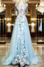 Modest Sky Blue A-Line Tulle Beading Embroidery Appliques Long Evening Prom Dress Pageant Gown