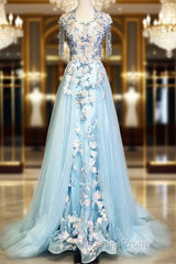 Modest Sky Blue A-Line Tulle Beading Embroidery Appliques Long Evening Prom Dress Pageant Gown