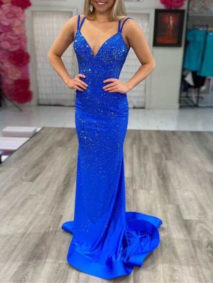 Modest Trendy Mermaid Spaghetti Straps Navy Blue Sequins Classy Prom Dress Style Long Senior High School Dance Party Dress