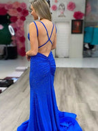 Modest Trendy Mermaid Spaghetti Straps Navy Blue Sequins Classy Prom Dress Style Long Senior High School Dance Party Dress