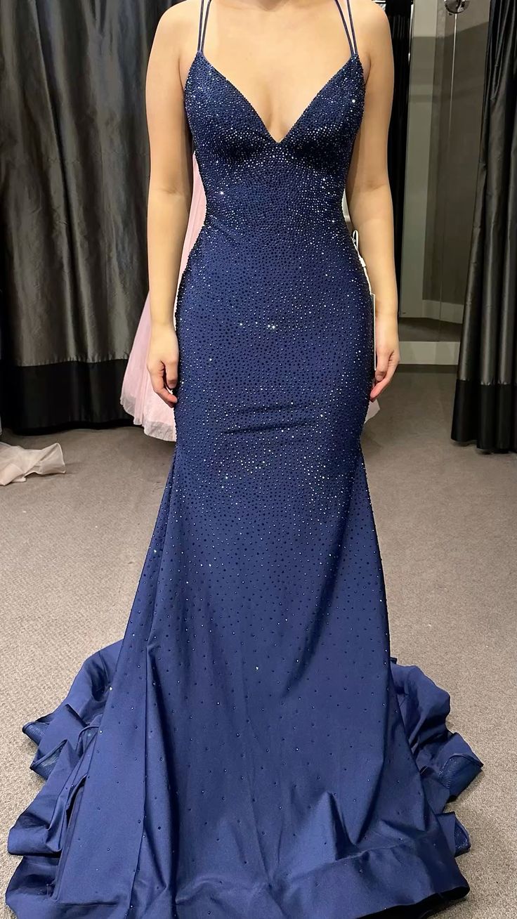 Modest Trendy Mermaid Spaghetti Straps Navy Blue Sequins Classy Prom Dress Style Long Senior High School Dance Party Dress Main image