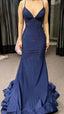 Modest Trendy Mermaid Spaghetti Straps Navy Blue Sequins Classy Prom Dress Style Long Senior High School Dance Party Dress