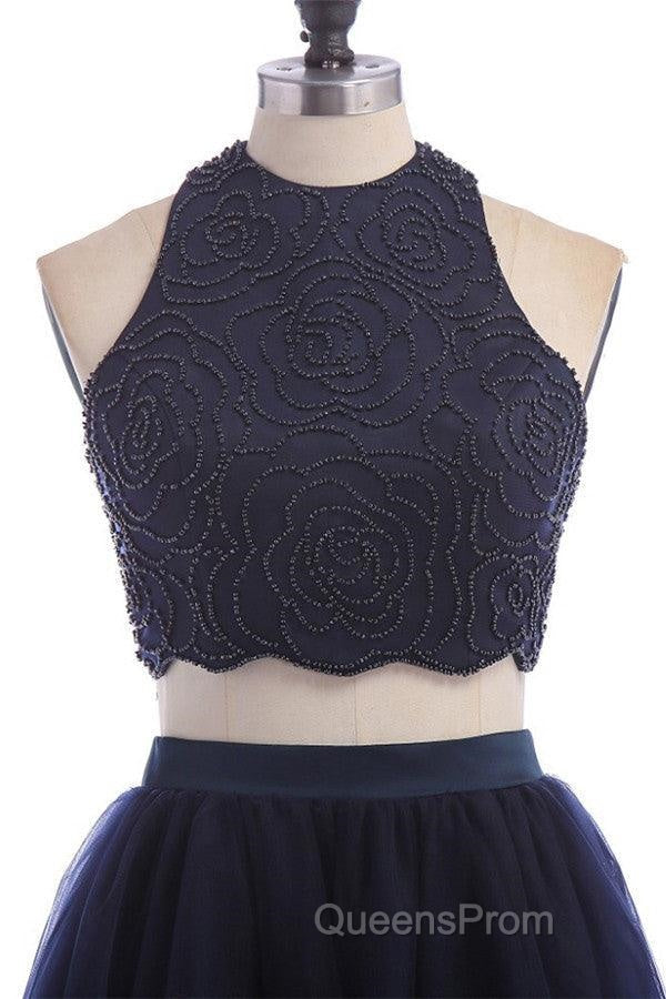Modest Two Pieces Sleeveless Hollow Navy Blue Homecoming Dress Secondary image