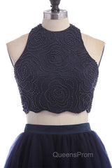 Modest Two Pieces Sleeveless Hollow Navy Blue Homecoming Dress
