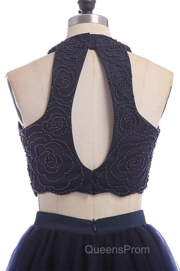 Modest Two Pieces Sleeveless Hollow Navy Blue Homecoming Dress