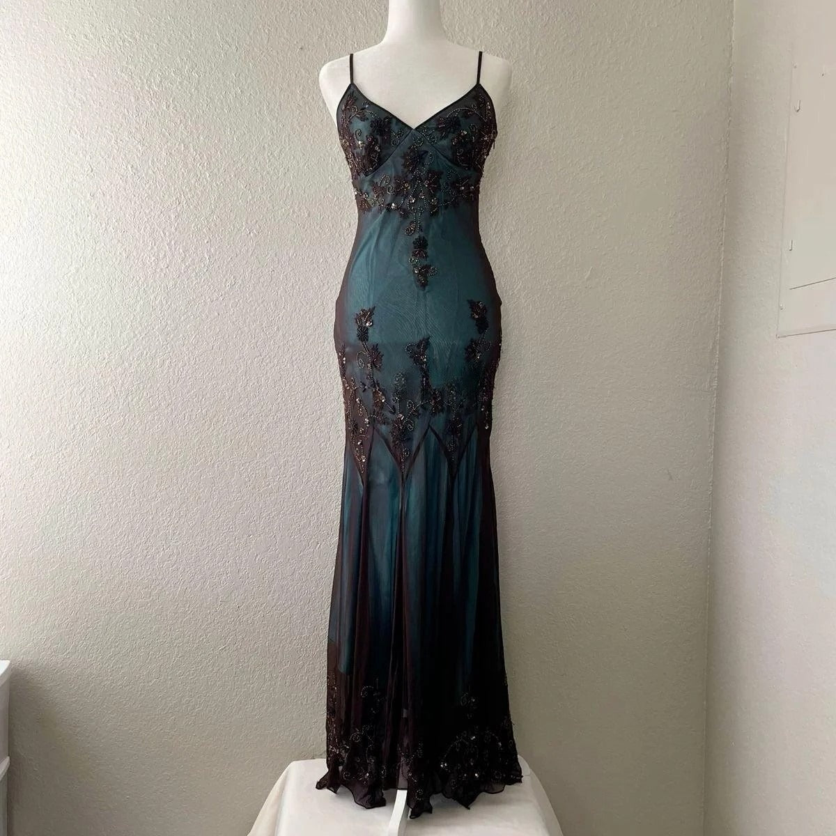 Vintage-Inspired Classy Evening Dress ©µ Blue Satin Spaghetti Straps Coffee Chiffon Long Classy Prom Dress With Beading Secondary image