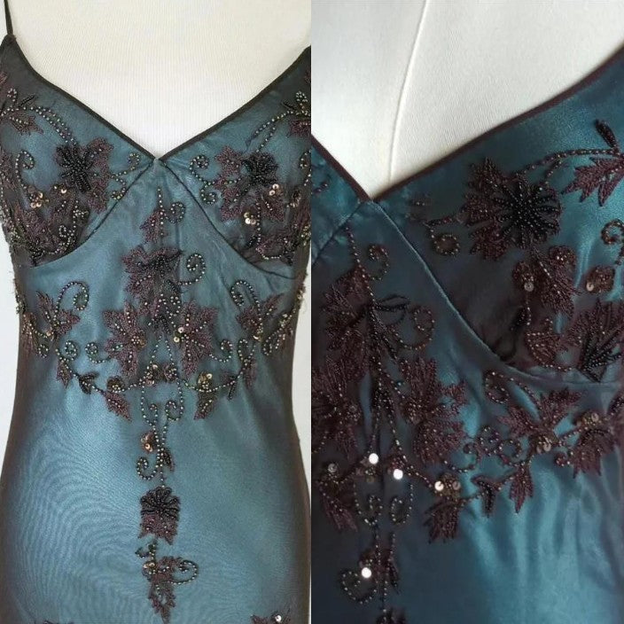 Vintage-Inspired Classy Evening Dress ©µ Blue Satin Spaghetti Straps Coffee Chiffon Long Classy Prom Dress With Beading