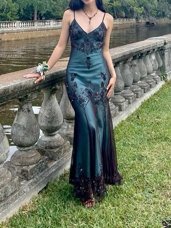 Vintage-Inspired Classy Evening Dress ©µ Blue Satin Spaghetti Straps Coffee Chiffon Long Classy Prom Dress With Beading
