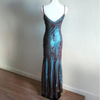 Vintage-Inspired Classy Evening Dress ©µ Blue Satin Spaghetti Straps Coffee Chiffon Long Classy Prom Dress With Beading