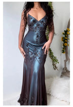 Vintage-Inspired Classy Evening Dress ©µ Blue Satin Spaghetti Straps Coffee Chiffon Long Classy Prom Dress With Beading