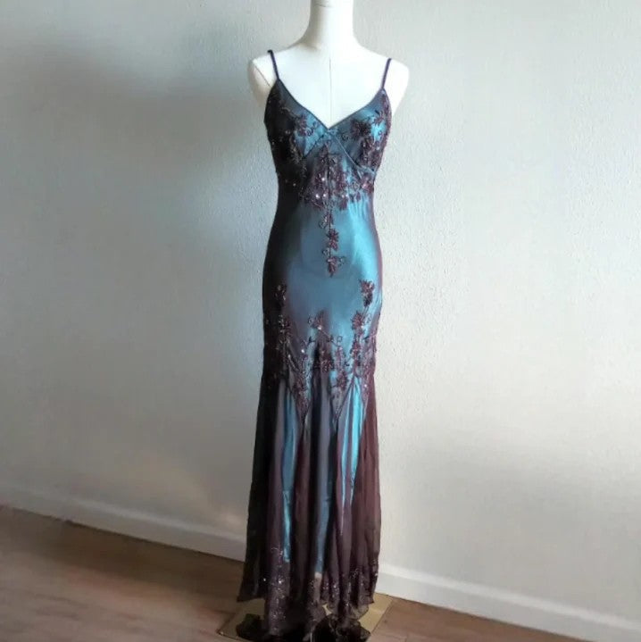 Vintage-Inspired Classy Evening Dress ©µ Blue Satin Spaghetti Straps Coffee Chiffon Long Classy Prom Dress With Beading