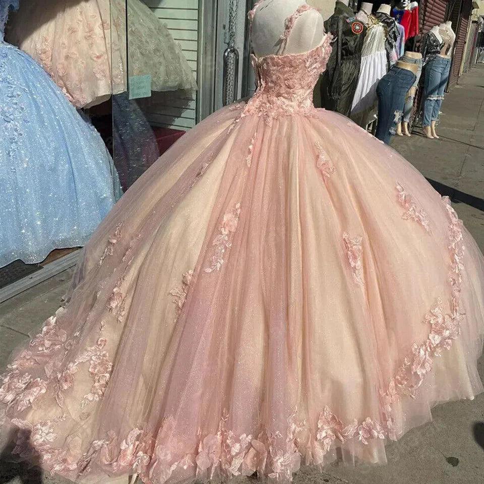 Pink/Purple/Green Sweet Lace Applique Long Tulle Quinceanera Dress Ball Gown Classy Evening Dress