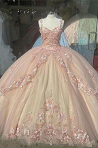 Pink/Purple/Green Sweet Lace Applique Long Tulle Quinceanera Dress Ball Gown Classy Evening Dress