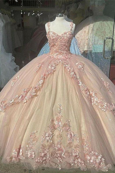 Pink/Purple/Green Sweet Lace Applique Long Tulle Quinceanera Dress Ball Gown Classy Evening Dress