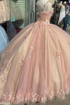 Pink/Purple/Green Sweet Lace Applique Long Tulle Quinceanera Dress Ball Gown Classy Evening Dress