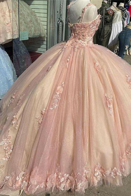 Pink/Purple/Green Sweet Lace Applique Long Tulle Quinceanera Dress Ball Gown Classy Evening Dress
