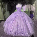 Pink/Purple/Green Sweet Lace Applique Long Tulle Quinceanera Dress Ball Gown Classy Evening Dress