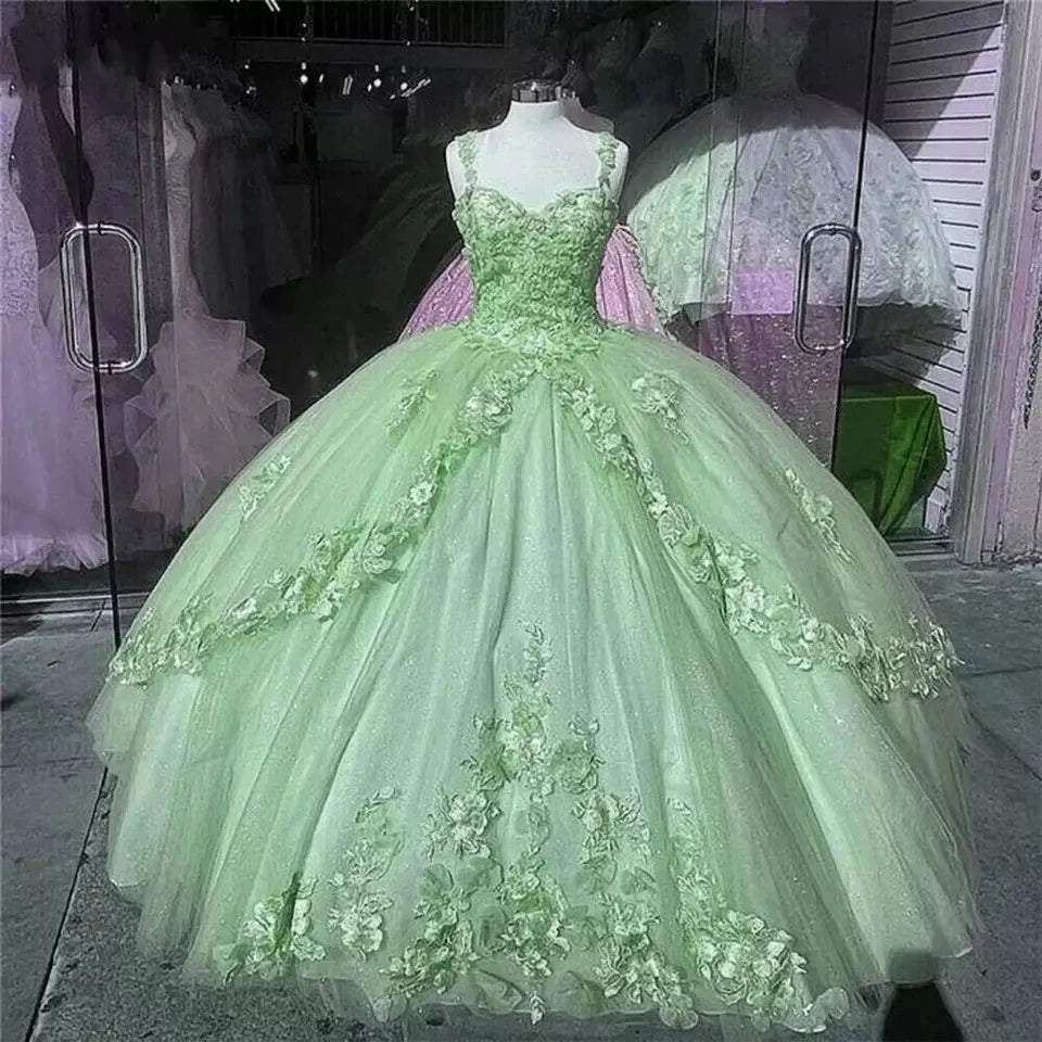 Pink/Purple/Green Sweet Lace Applique Long Tulle Quinceanera Dress Ball Gown Classy Evening Dress
