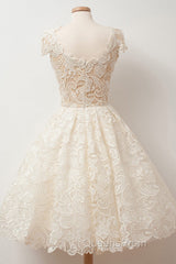 A-line Scoop Lace Short Evening Prom Dress Cap Sleeves Homecoming Dress