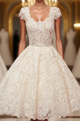 A-line Scoop Lace Short Evening Prom Dress Cap Sleeves Homecoming Dress