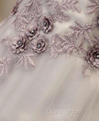 Gray A Line Off Shoulder Floor Length Evening Prom Dress, Lace Evening Dress