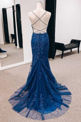 Navy Appliques Lace-Up Back Mermaid Long Evening Prom Dress With Slit