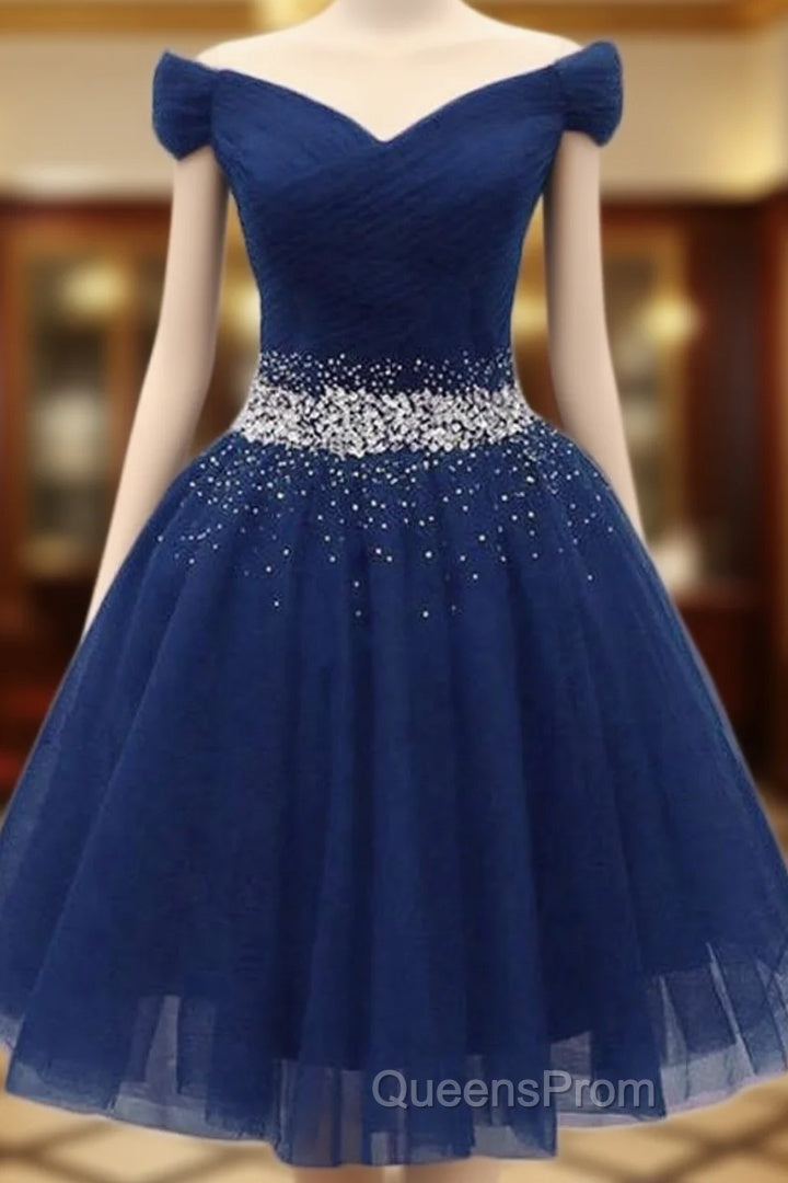 Navy Beaded Sweetheart Off Shoulder Tulle Homecoming Dress