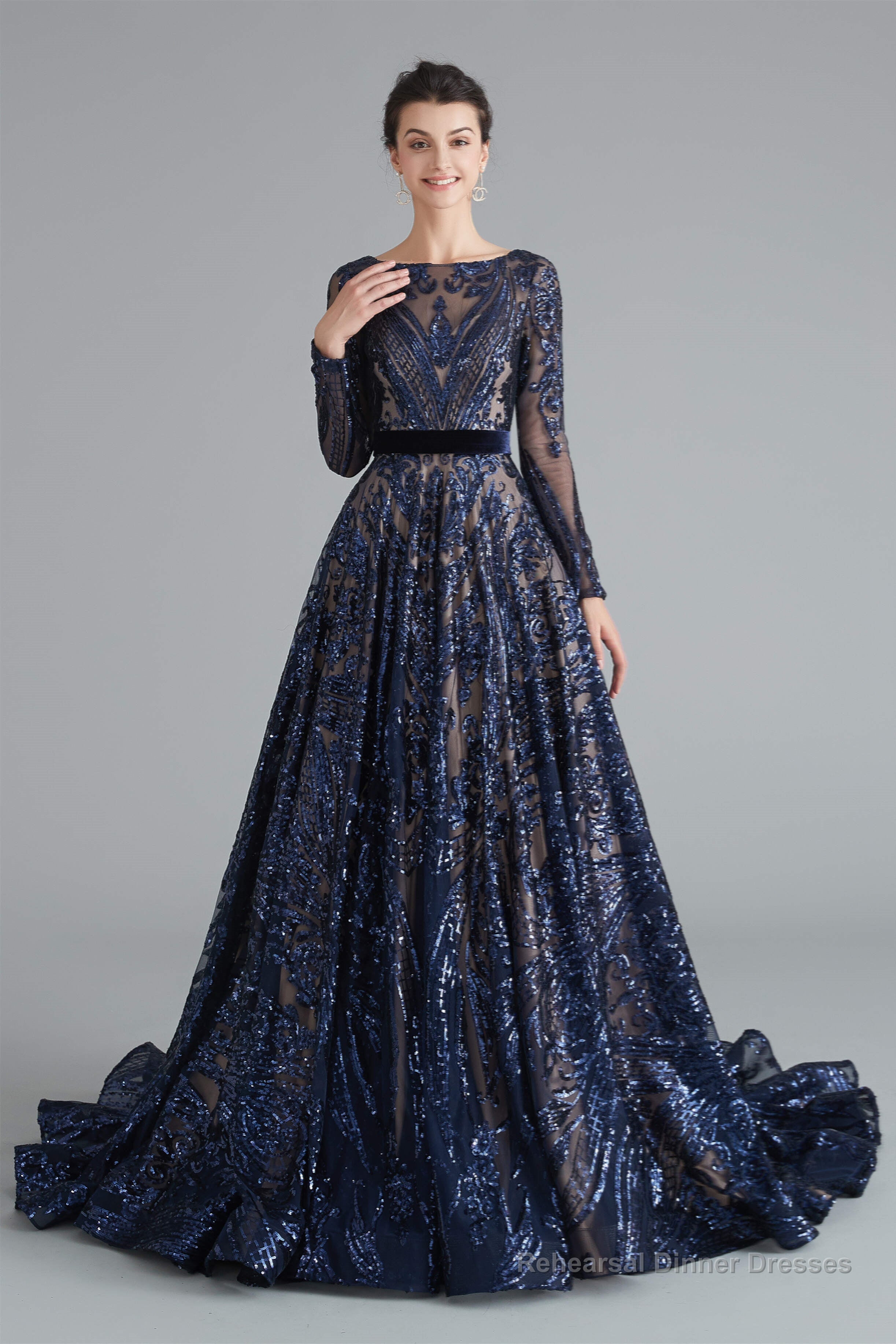 A-Line Luxury Sequins Long Sleeve Backless Prom Dresses